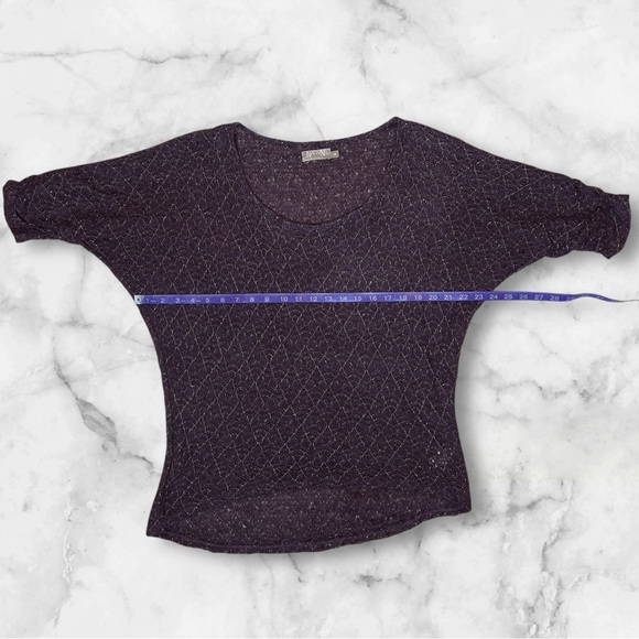 NATION LTD Pointelle Knit Metallic Weave Ruched Sleeve Layering Top - Picture 6 of 9